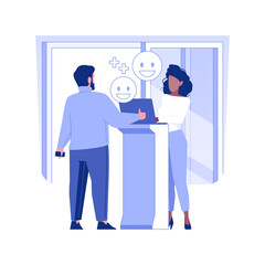 Client satisfaction isolated concept vector illustration. Receptionist talking with satisfied customer, business etiquette, corporate culture, company rules, meeting client vector concept.