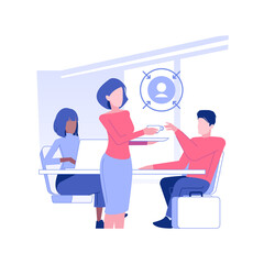 Customer-oriented company isolated concept vector illustration. Smiling secretary serves coffee to the clients of the company, business etiquette, corporate culture vector concept.