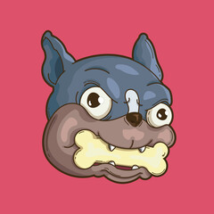 Colorful french bulldog animal character illustration biting a yellow bone on red background