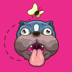 Distracted colorful french bulldog animal character illustration looking at a happy yellow butterfly on red background