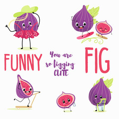 Vector set of illustrations of a funny crazy fig, a cartoon character, in different poses, with musical instruments, with different emotions, on a surfboard, on a scooter. Childish concept.