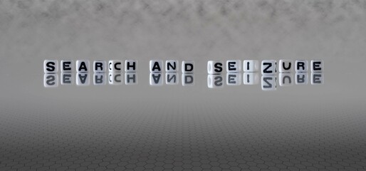 search and seizure word or concept represented by black and white letter cubes on a grey horizon background stretching to infinity