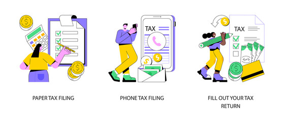 Fototapeta premium Tax return deadline abstract concept vector illustration set. Paper or phone tax filing, fill out your tax return, financial report, money refund, business profit, budget planning abstract metaphor.