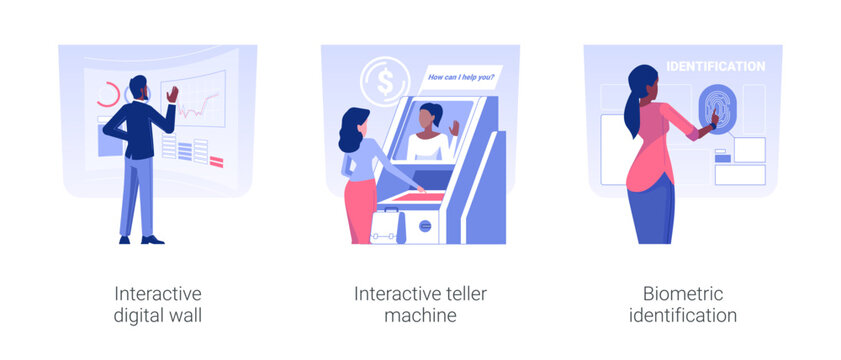 Banking Technologies Isolated Concept Vector Illustration Set. Interactive Digital Wall, Teller Machine, Biometric Identification, ATM Terminal, Client Scans Fingerprint, Security Vector Cartoon.