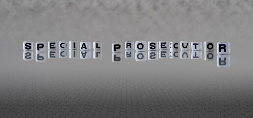 special prosecutor word or concept represented by black and white letter cubes on a grey horizon background stretching to infinity