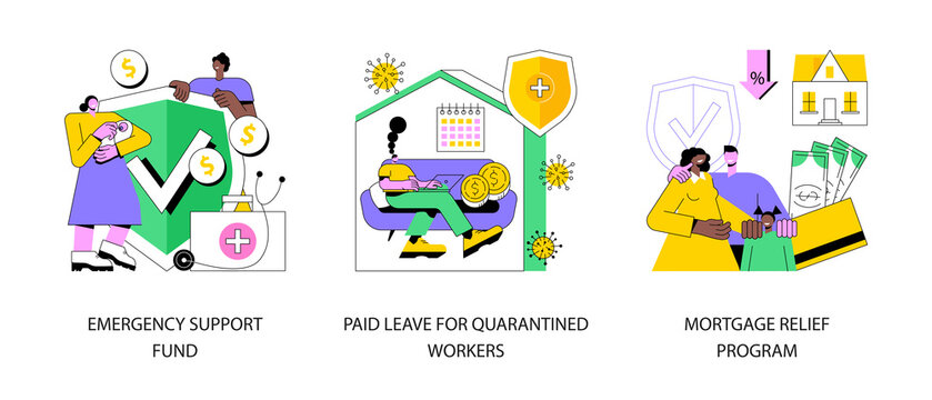 Governmental Help Abstract Concept Vector Illustration Set. Emergency Support Fund, Paid Leave For Quarantined Workers, Mortgage Relief Program, Financial Support, Risk Insurance Abstract Metaphor.