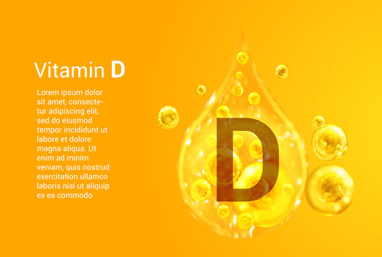 Vitamin D. Baner with vector images of golden drops with oxygen bubbles. Health concept.
