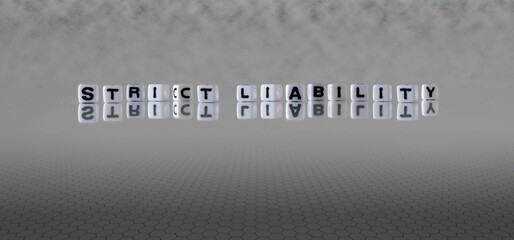 strict liability word or concept represented by black and white letter cubes on a grey horizon...