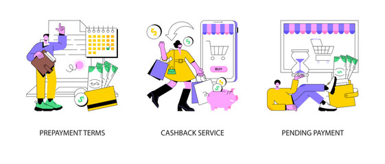 Making online purchase abstract concept vector illustration set. Prepayment terms, cashback service, pending payment, pay in advance, extra cash rebate, order in process, check out abstract metaphor.