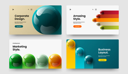Minimalistic realistic balls corporate brochure illustration set. Vivid magazine cover design vector layout collection.