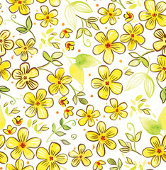 Pretty repeating pattern of warm, yellow watercolored flowers. A hand-painted floral pattern perfect for spring themed backgrounds.