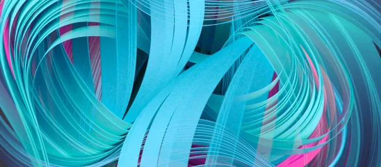 Gordijnen Blue neon color strip wave paper. Abstract texture horizontal background. © Liliia