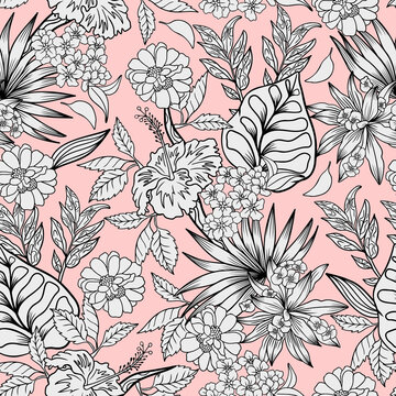 Tropical seamless pattern design with exotic leaves and florals outline on a pink background