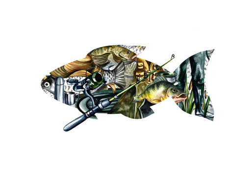 Fishing. Fishing tackle in the shape of a fish. Isolate on white background. Watercolor illustration. Design for fishing