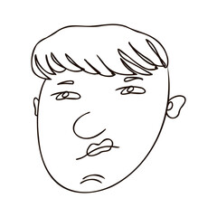 Head of a boy with a contemptuous look. A man's face, the image of emotions and character. Stock vector illustration on a white background with a black line.