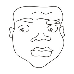 The head of an African man, big lips, an earring in the eyebrow, a wide nose. Male face in one line on a white background. Vector cartoon character, isolated. Portrait of a man, emotions, character. 