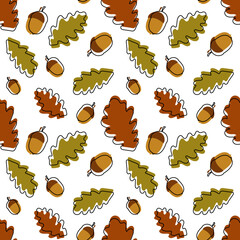 Seamless pattern with acorns and autumn oak leaves. Perfect for wallpaper, gift paper, pattern fills, web page background, autumn greeting cards.