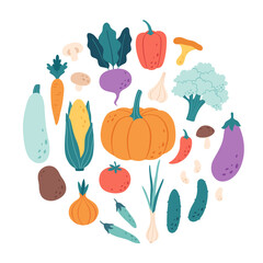 Vegetables, mushrooms, beans. Natural organic nutrition. Healthy food, dietetics products, fresh vitamin grocery products. Vector illustration in flat style