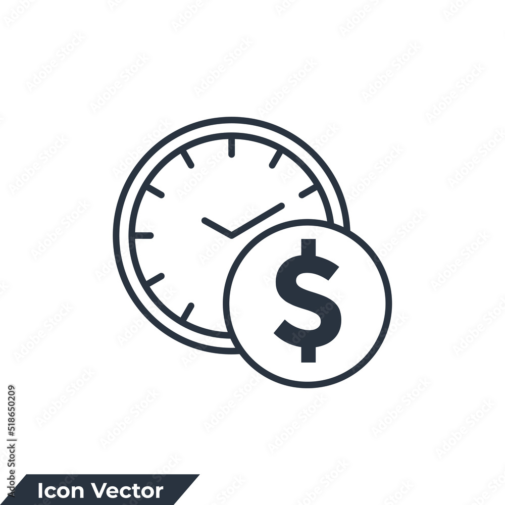 Poster time is money icon logo vector illustration. time with stack of coins symbol template for graphic an