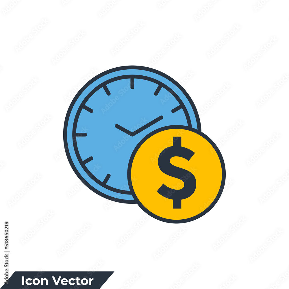Poster time is money icon logo vector illustration. time with stack of coins symbol template for graphic an