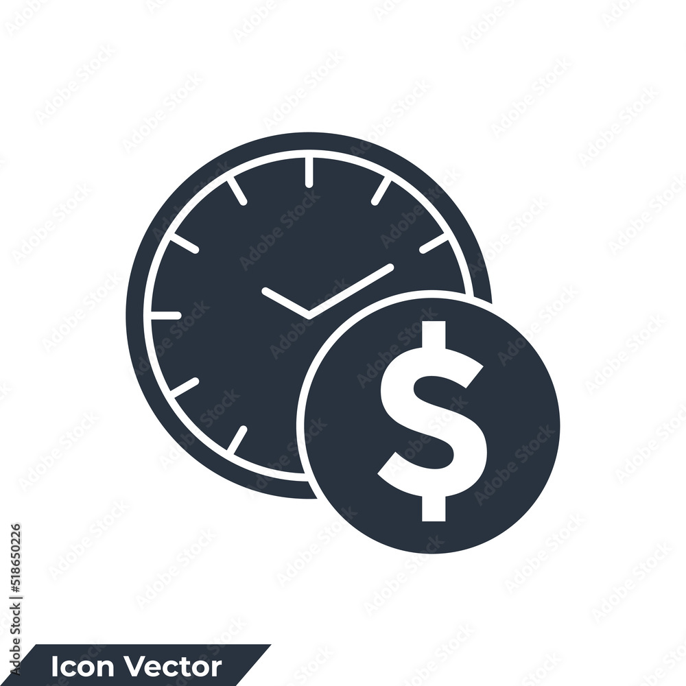 Poster time is money icon logo vector illustration. time with stack of coins symbol template for graphic an