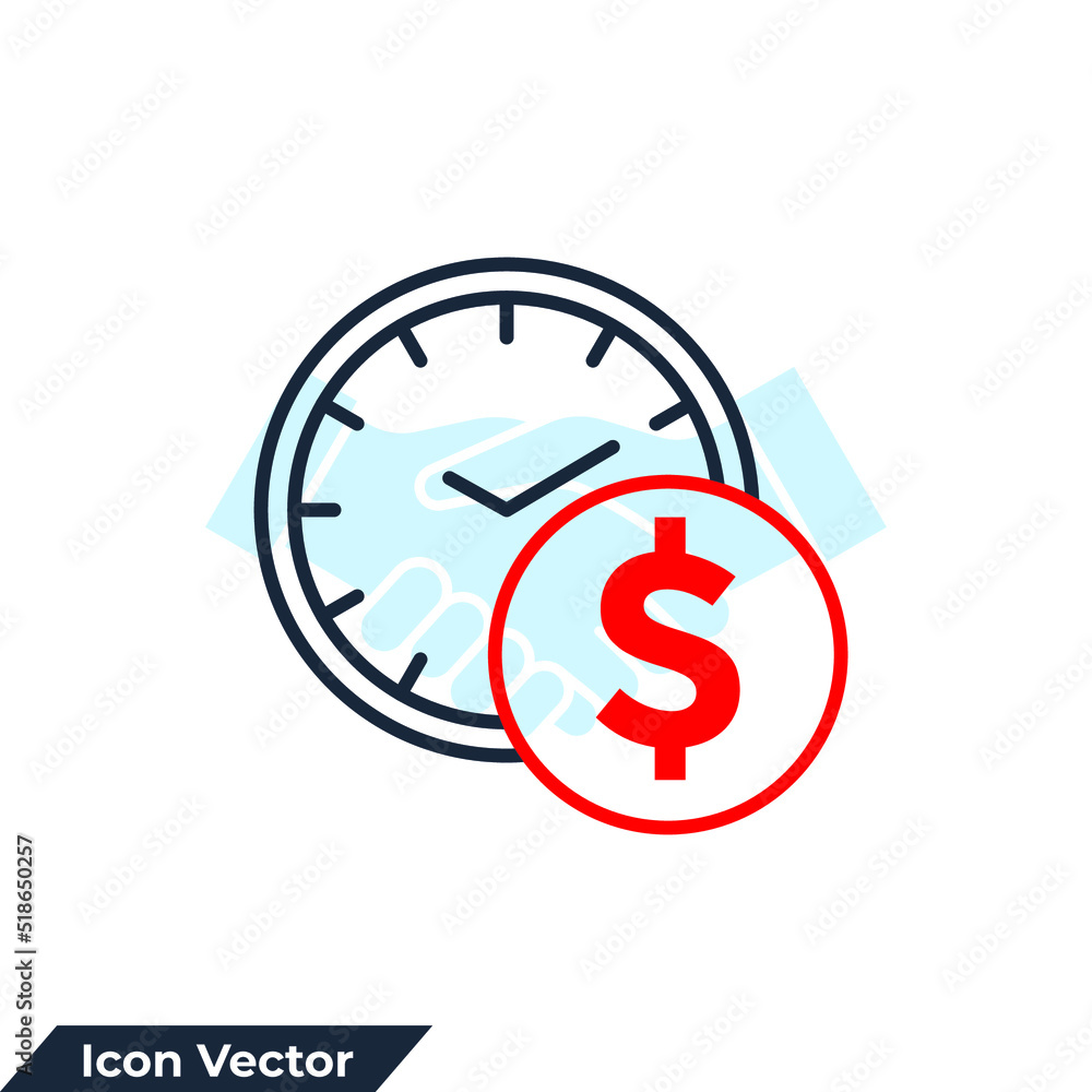 Poster time is money icon logo vector illustration. time with stack of coins symbol template for graphic an
