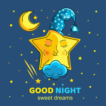The anthropomorphic star sleeps in the night sky. Cute cartoon star in a night cap. Sleeping star. Good night and sweet dreams. Vector illustration