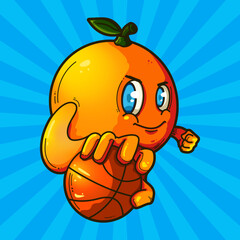 Orange illustration smiling sportsman holding a basketball on blue comic background