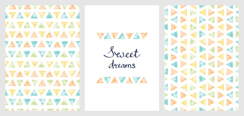 Set of cute vector geometric patterns and poster with an inscription. Patterns of delicate colors painted in watercolor style for backgrounds, textiles, wrappers, covers, decor, interior, children