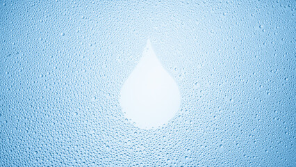 Drop shape printed on the wet glass on blue background | moisturizing concept
