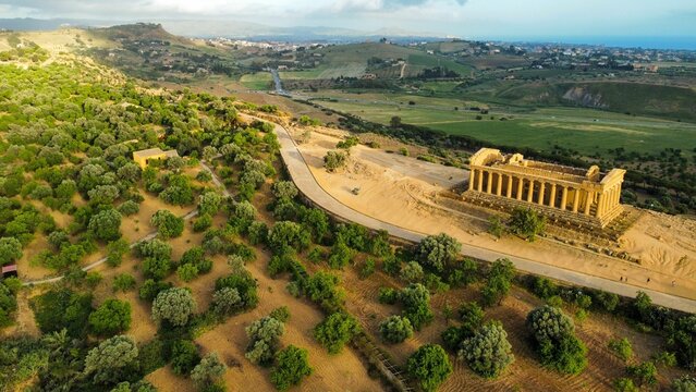 Aerial shot of Temple of Concordia in Valley of the Temples, Agrigento, Italy