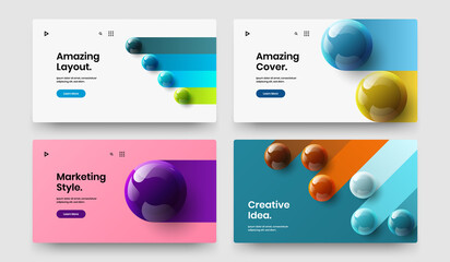 Clean journal cover design vector concept set. Simple 3D spheres site illustration composition.