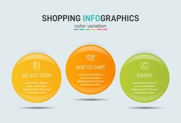 Concept of shopping process with 3 successive steps. Three colorful graphic elements. Timeline design for brochure, presentation, web site. Infographic design layout.