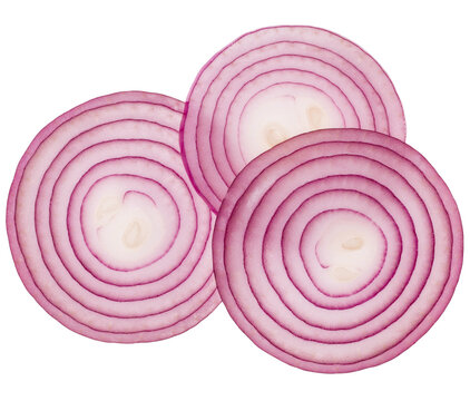 red onion slices isolated on white background. Top view. Flat lay. Red onion slice in air, without shadow.