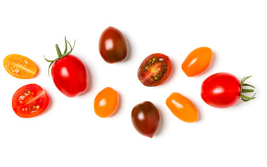 Fototapeta na wymiar various colorful tomatoes isolated over white background. Top view, flat lay. Creative layout..