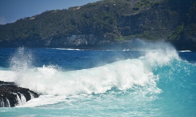 Big sea wave hitting the rock against the tree-covered hill