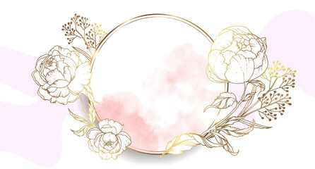 A round gold frame with peony flowers. A beautiful illustration with watercolor spots. Annotation bright wallpaper. Template Design. Flower vector illustration.