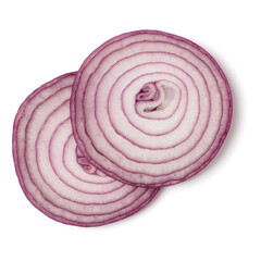 red onion sliced isolated on white background closeup, top view