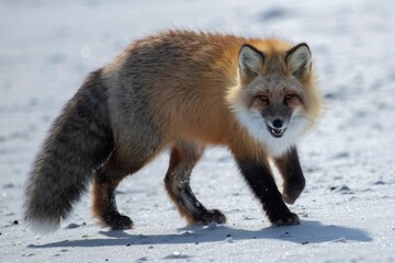 Closeup of a Red fox walking in a snowy field