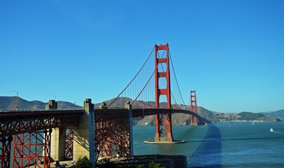 Low-angle view of Golden Gate Bridge in San-Francisco, CA, USA