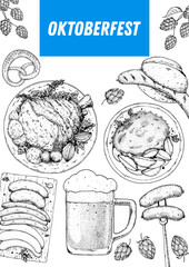 Oktoberfest menu design template. German food sketch. Hand drawn vector illustration. German cuisine. Black and white. Engraved style. Hand drawn food and drink, sketch illustration
