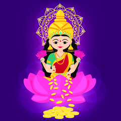 Goddess Lakshmi sitting on the lotus with of money and flowers in her hands. Vector cartoon illustration.