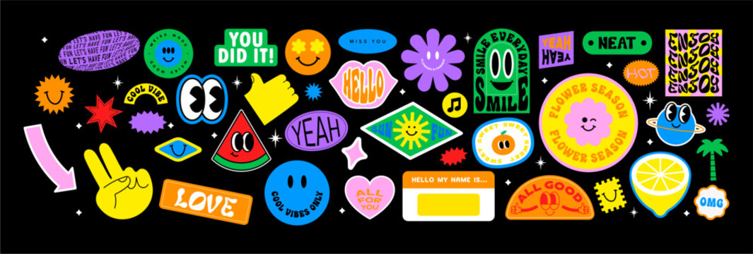 Cool trendy retro stickers with smile faces, cartoon comic label patches. Funky, hipster retrowave stickers in geometric shapes. Vector illustration of y2k , 90s graphic design badges