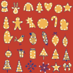 gingerbread christmas,man,magic ball,christmas tree,snowflakes,deer,serce,santa moro,mitten,gift box,feather,snowman,frame, illustration, vector, postcard, christmas, design,decoration, holiday, art, 