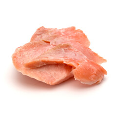 smoked salmon segments isolated over white background cutout. Prepared fish fillet fibres. .
