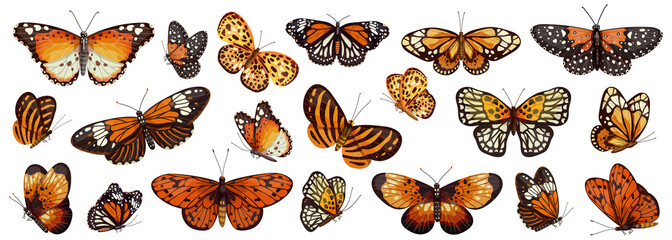 Large collection of colorful monarch butterflies, swallowtail. Cartoon vector graphics.