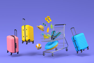 Obraz premium Colorful luggage with beach accessories and shopping trolley on blue background.