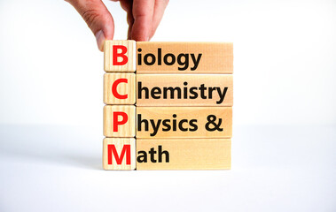 BCPM biology chemistry physics math symbol. Concept words BCPM biology chemistry physics math on blocks on beautiful white background. Business BCPM biology chemistry physics math concept.