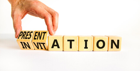 Invitation to presentation symbol. Businessman turns cubes and changes the concept word Invitation to Presentation. Beautiful white background. Business invitation to presentation concept. Copy space.