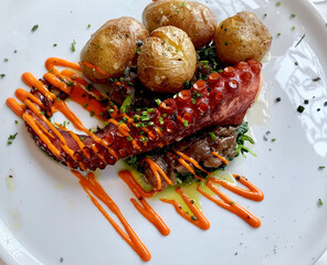 Traditional portugal dish - grilled octopus and boiled potato, - in Portuguese restaurant with...